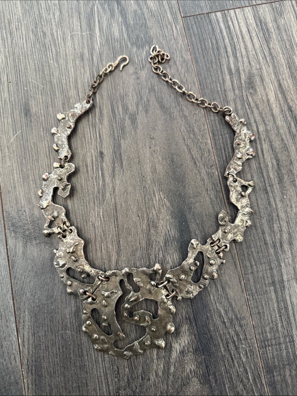 Textured Brutalist Handmade Silver-Tone Sculptural Link Necklace - Women Jewelry
